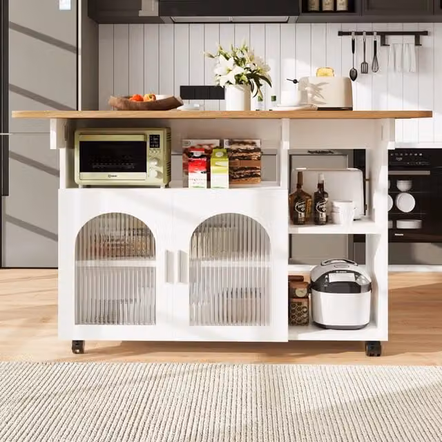 Carrello da cucina OKWISH moderno in bianco con piano pieghevole, ripiani in vetro e MDF, dotato di 5 ruote L/P/H: 120 x 70 x 79,5 cm