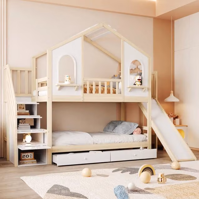 Letto a castello 90x200 cm bianco e naturale in legno con scivolo e cassetti