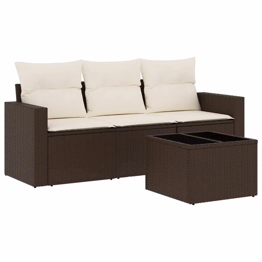 vidaXL Set Divano da Giardino 4 pz in Polyrattan Marrone con Cuscini Imbottiti e Tavolino – 2