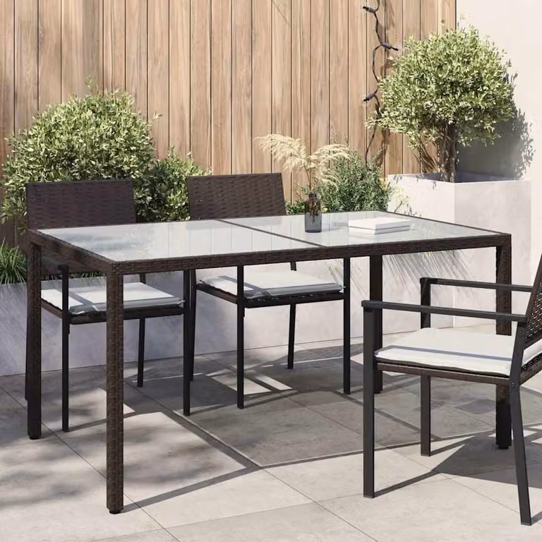vidaXL Tavolo da giardino rettangolare in polyrattan e vetro temperato, Marrone, L: 150 cm, P: 90 cm, H: 75 cm