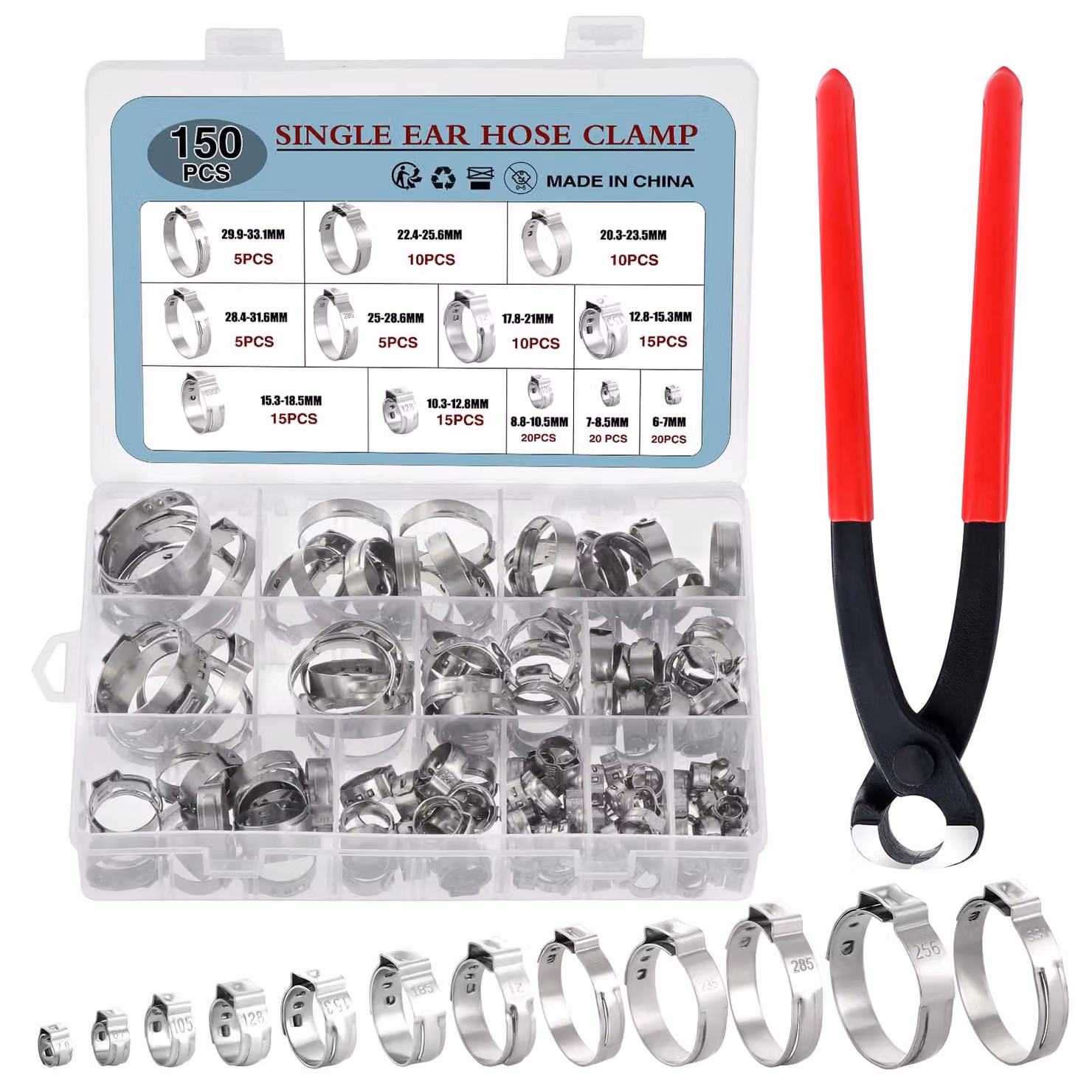 Set di fascette per tubi, 150 pezzi, in acciaio inossidabile, da 6 a 33 mm, con pinza
