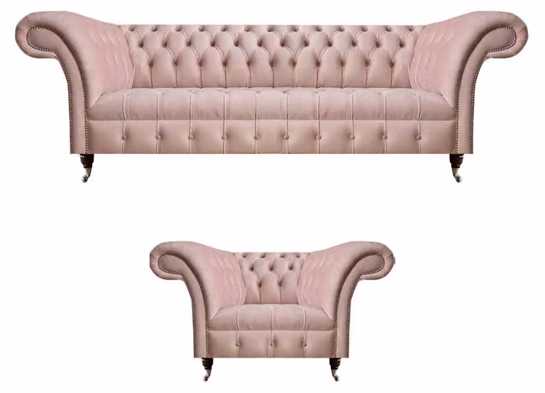 Rosa Chesterfield Wohnzimmer Garnitur 3-Sitzer Textil Lehnsessel 2tlg