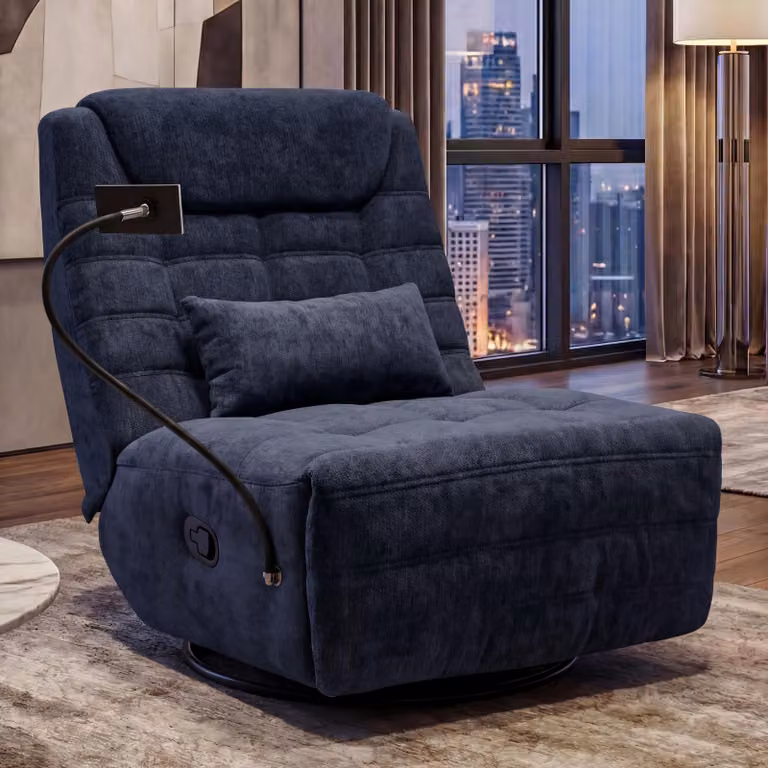 Poltrona relax HWC-P92, poltrona TV, girevole, funzione reclinabile, supporto per cellulare, tessuto ciniglia (260 g/m²) ~ blu