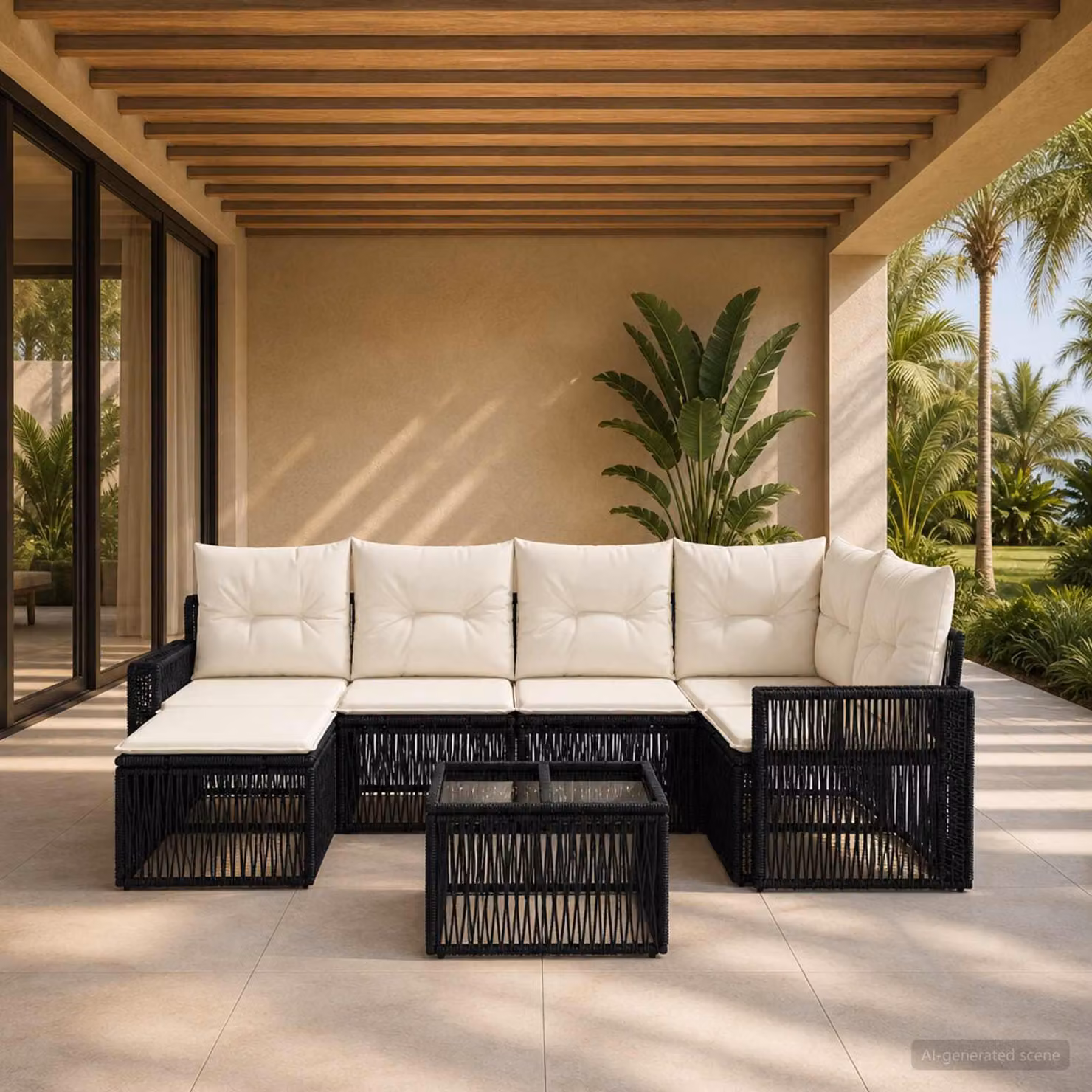 Maison Exclusive - Set da giardino composto da 7 pezzi. Divano da giardino in rattan sintetico, colore nero e crema