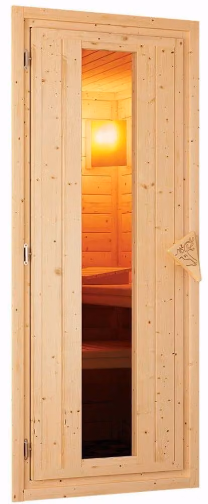 Sauna Karibu Jarin (ingresso angolare), porta interamente in vetro, trasparente, senza accessori