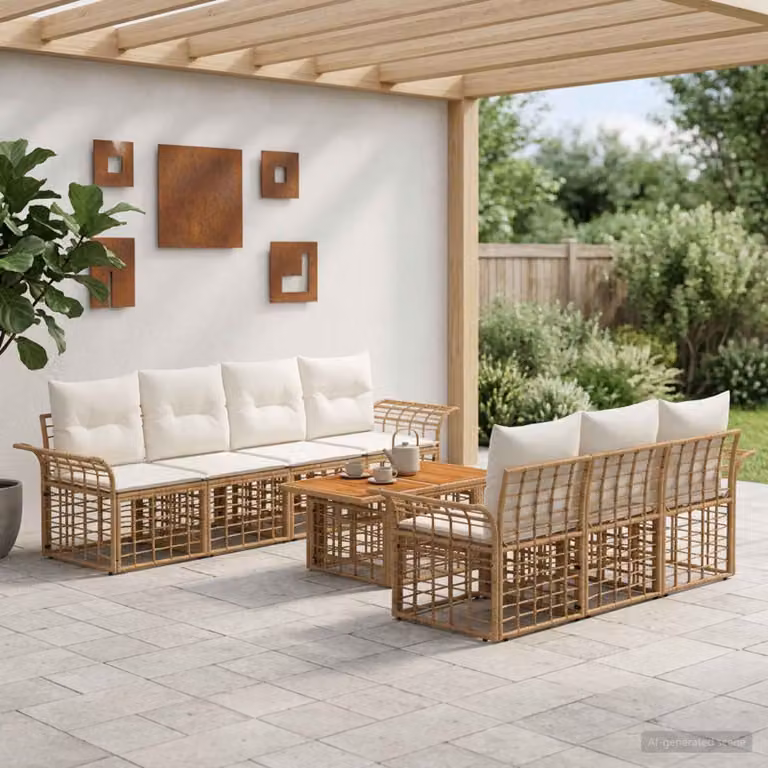 Set Divano da Giardino Moderno vidaXL in Polyrattan Naturale e Bianco Crema con Legno di Acacia, 8 Pezzi