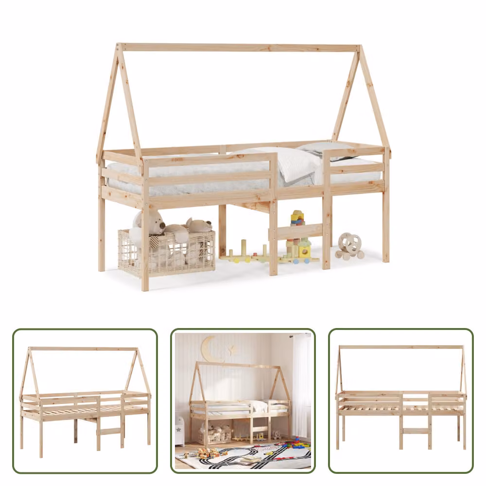 The Living Store Letto a soppalco con tetto 80x200 cm in legno di pino massiccio