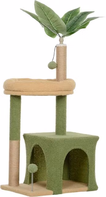 Albero Tiragraffi per Gatti PawHut con Casetta, Lettino e Giocattoli, in Legno e Poliestere, L/P/H: 44 x 30 x 98 cm, Verde e Marrone – 1
