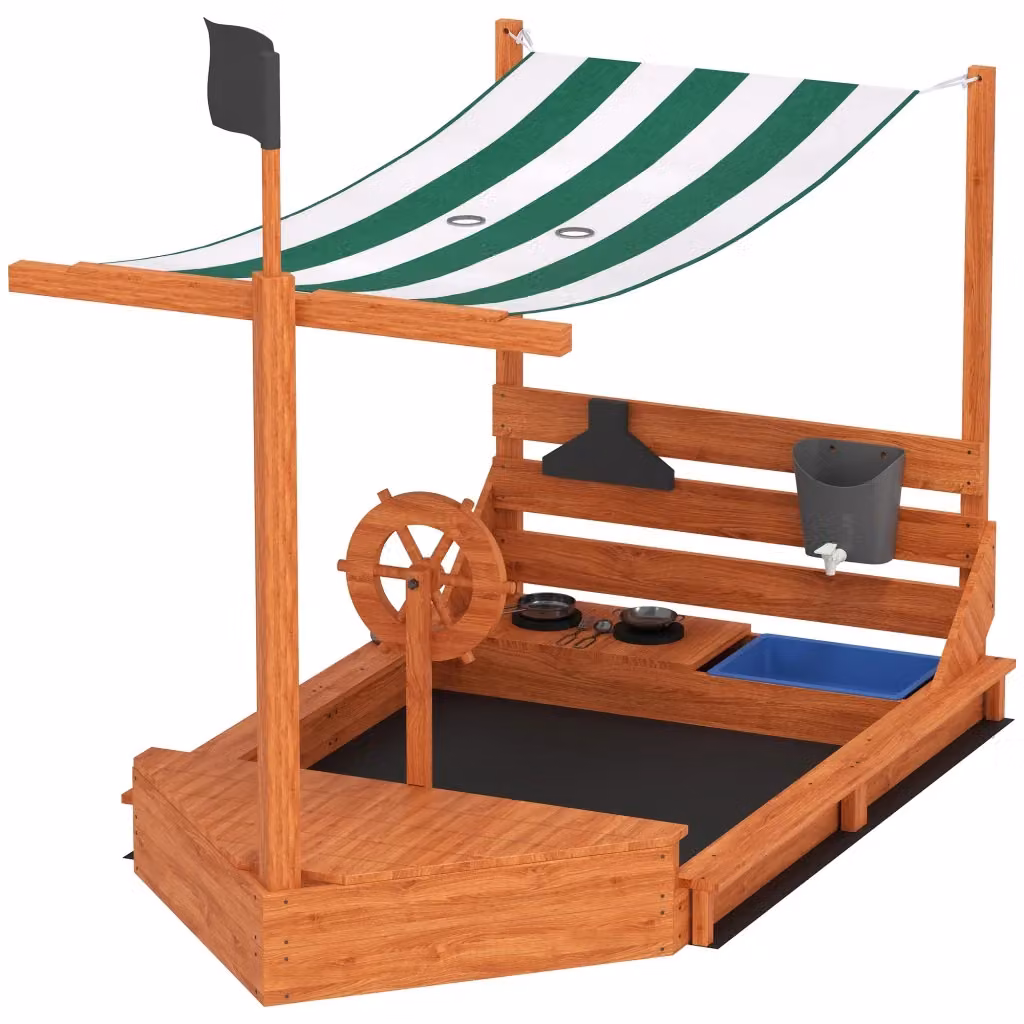Sandbox a forma di nave pirata con cucina per bambini Minimal in legno massello, Verde, L: 180 cm, P: 103 cm, H: 144.5 cm – 2