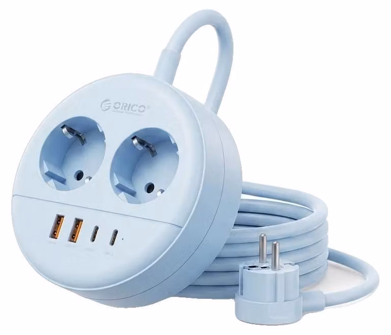 Ciabatta multipresa, caricabatterie USB PD, protezione da sovratensione, 1,5 metri, 2 prese A2, 2 porte USB-C, colore blu