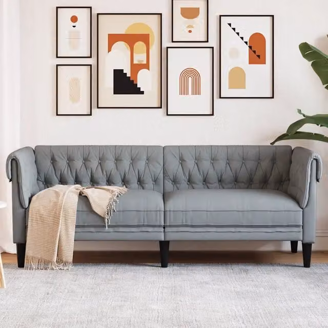 Divano Chesterfield a 3 Posti-Sofa 3 Posti-Divanetto Grigio Chiaro in Tessuto