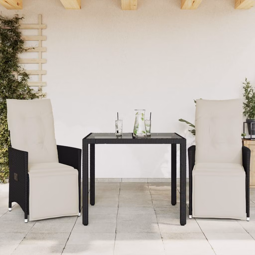 Set da Bistrò 3 pz vidaXL in Polyrattan Nero con Cuscini e Piano in Vetro – 1