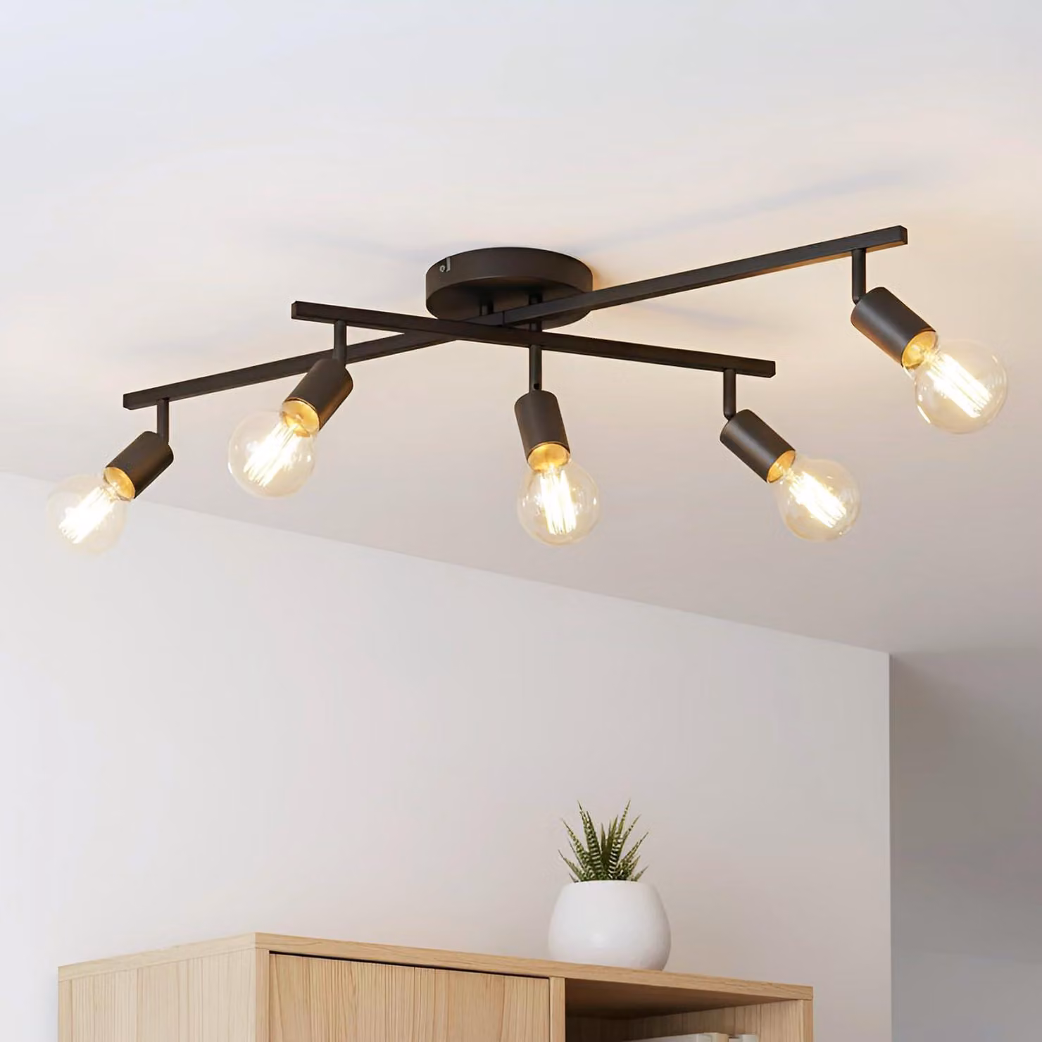 LVWIT Plafoniera a 5 luci, nera, moderna, con faretti orientabili, lampada da soffitto in metallo di stile retrò, con portalampade E27, ideale per cucina, corridoio, ufficio, camera da letto (senza lampadine)