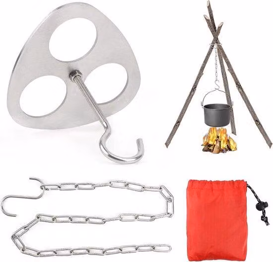 Uniqoos® Treppiede in acciaio inossidabile, con catena e gancio regolabili, ideale per braciere, barbecue, olandese, pentole e campeggio