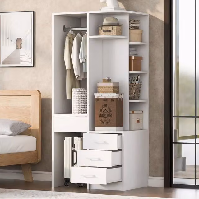 Armadio guardaroba 70 × 55 × 175 cm con ripiani aperti vano appendiabiti e tre cassetti in MDF bianco
