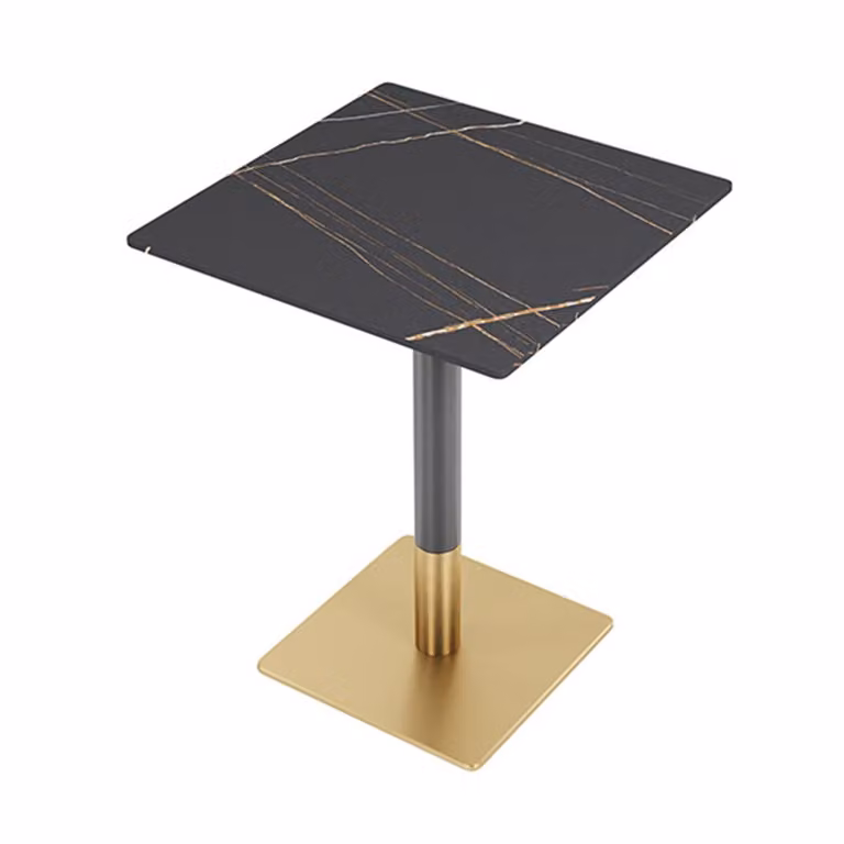 Set di 4 mobili per la ristorazione: tavolo da pranzo, tavolo per la cucina, tavolo per la sala da pranzo, tavolo per il soggiorno, tavolo da bistrot. Materiale: sinterizzato. Colore: nero e oro. Dimensioni: 60*60*75 cm. Codice prodotto: Y-HBJ-60F