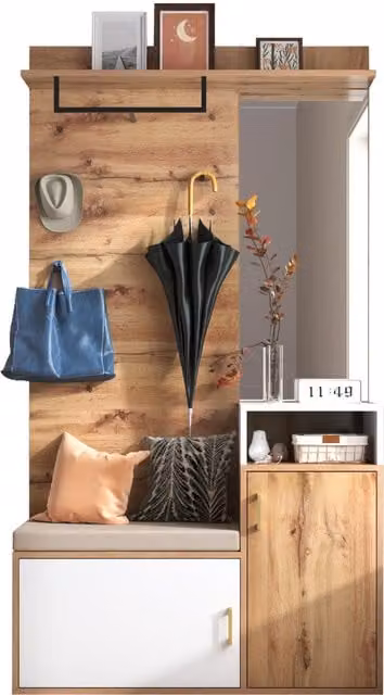 Set guardaroba GL Store in stile scandinavo con specchio, panca, scomparti per scarpe e barra appendiabiti, Bianco e Colore naturale, L 105 cm, P 40 cm, H 190,5 cm