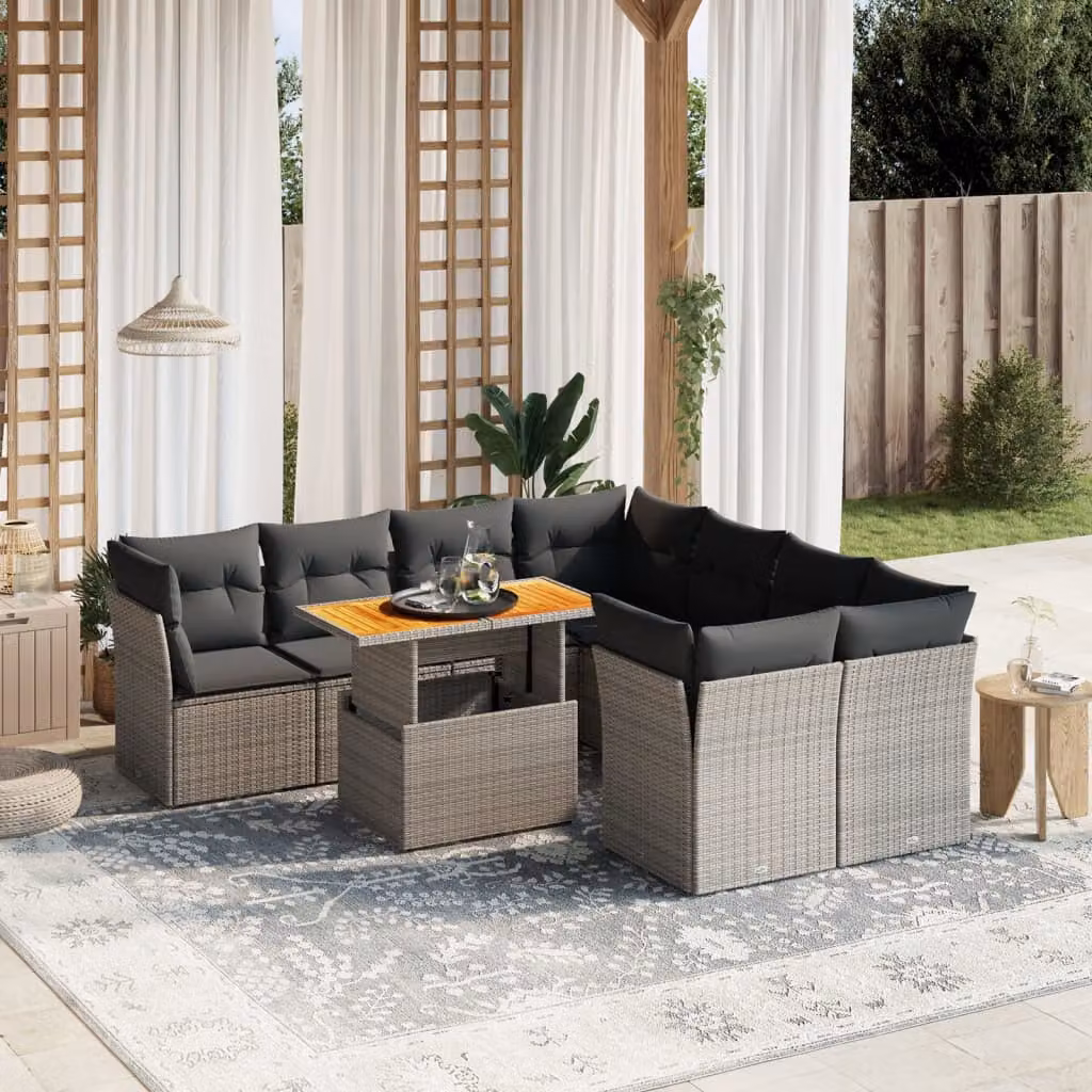 Set Divano da Giardino vidaXL 9 pz in Polyrattan Grigio con Cuscini e Tavolino da Esterno – 1