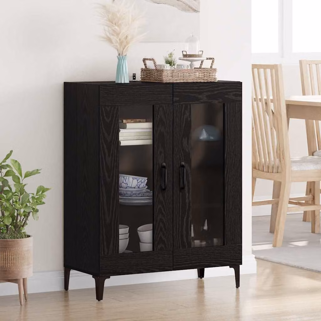 Credenza moderna vidaXL in rovere nero con dettagli in metallo e vetro, L: 69,5 cm, P: 34 cm, H: 90 cm