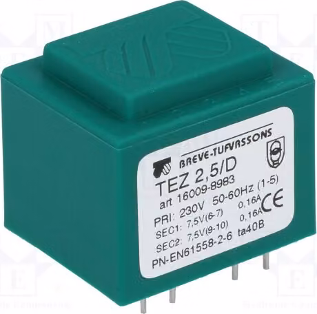 1 trasformatore: rivestito, 230 VAC, 7,5 V, 2,5 VA, 7,5 V, 166,6 mA, grado di protezione IP00, modello TEZ2.5/D230/7.5-7
