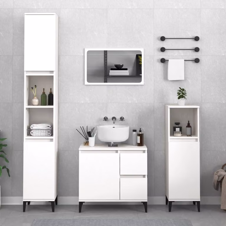 Set di mobili da bagno moderno vidaXL composto da 3 pezzi in legno e metallo, colore bianco opaco