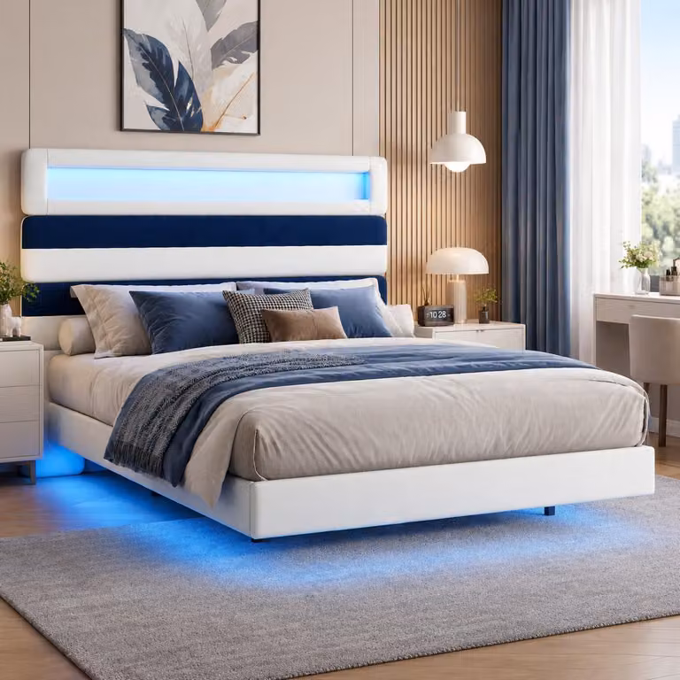 INONEFT, letto sospeso 140 x 190 cm, letto imbottito con USB e LED, letto per adulti con rete a doghe e testiera a righe, letto matrimoniale, beige e blu