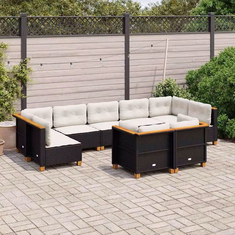 Set di divani da giardino vidaXL a forma di U composto da 9 pezzi con cuscini in polyrattan nero e struttura in legno di acacia