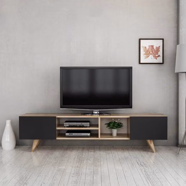 Mobile Basso Porta TV Assens en.casa con Scomparti Aperti e Chiusi e Ante a Ribalta, Rovere e Nero, L: 160 cm, P: 40 cm, H: 31 cm
