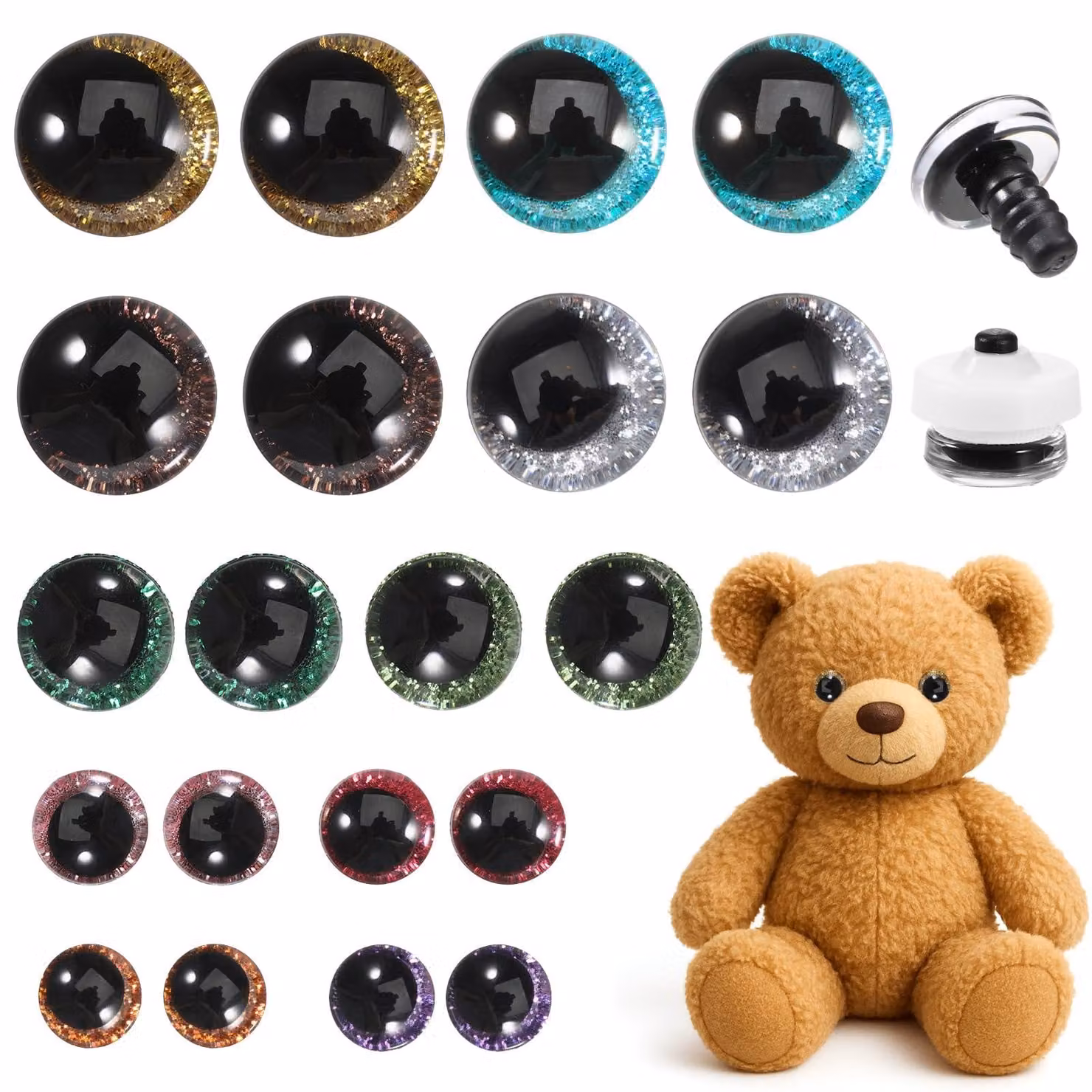 Set di 20 occhi di sicurezza 3D scintillanti, di dimensioni da 12 a 20 mm, per realizzare animali all'uncinetto