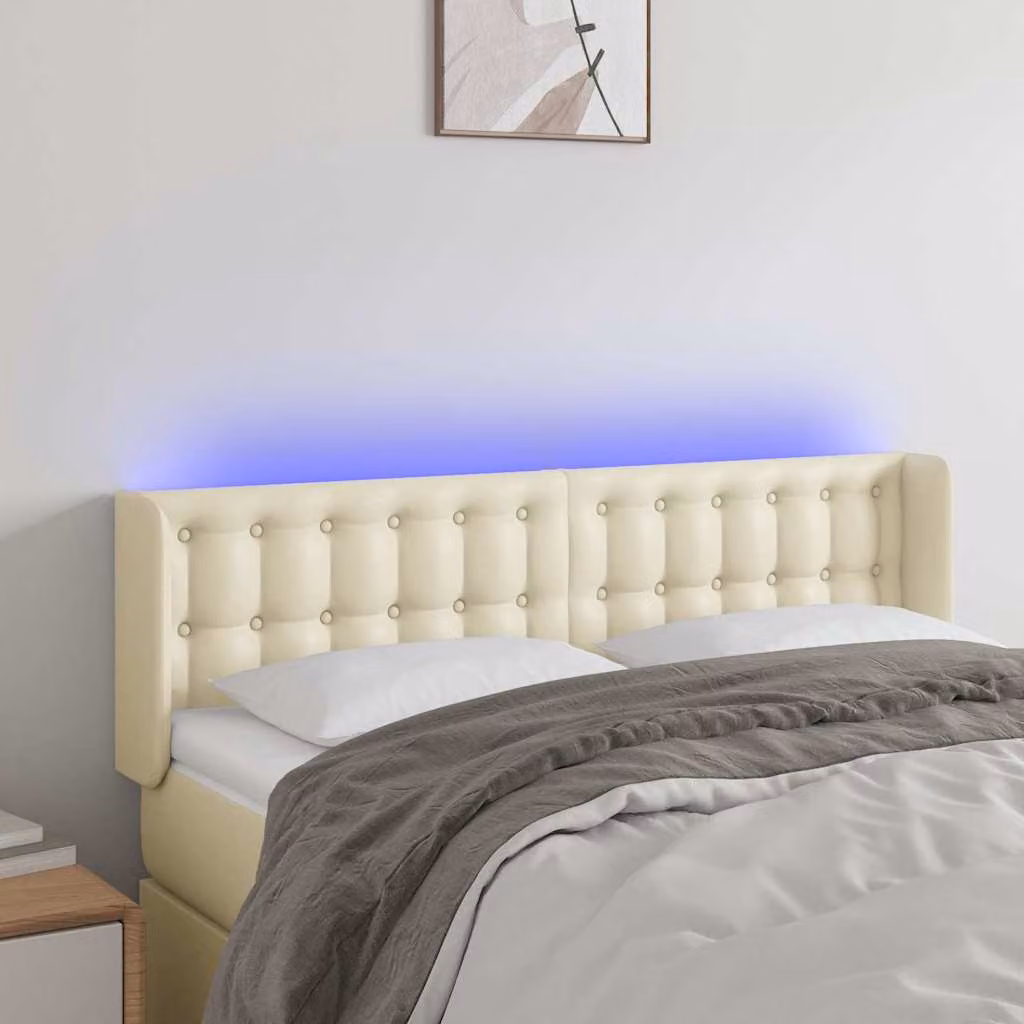Testiera per letto vidaXL in similpelle beige con illuminazione LED e porta di ricarica USB, L 147 cm x P 16 cm x H 78/88 cm
