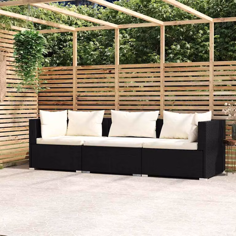 vidaXL Divano da esterno a 3 posti a forma di L con cuscini beige e struttura in metallo nero