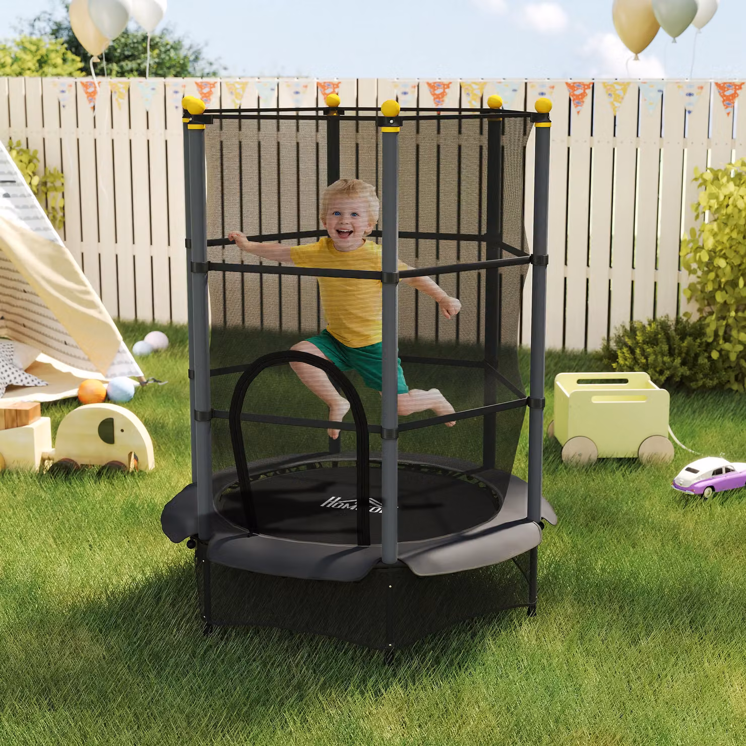 Mini Trampolino Elastico HOMCOM per Bambini con Rete di Sicurezza e Pali Imbottiti, Nero, L 190 cm x P 140 cm – 2