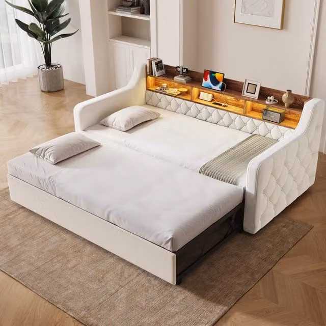 Letto divano estraibile 90 × 190 cm con LED, USB e porta Type-C, testiera contenitore, senza materasso, beige
