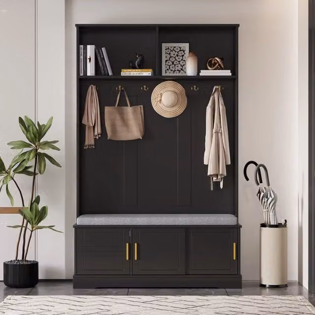 Appendiabiti da ingresso MIVRAY con panca e scarpiera, nero opaco, L 120 x P 40 x H 191 cm – 1