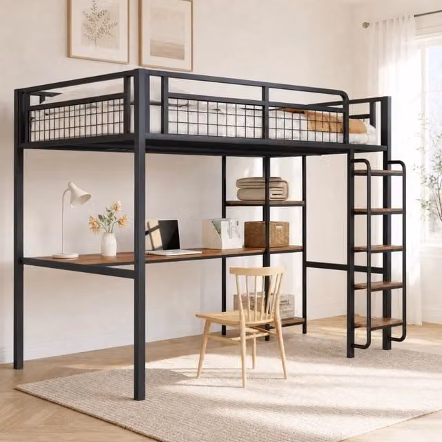 Letto a soppalco in metallo 140x200 cm con scrivania e ripiani; nero