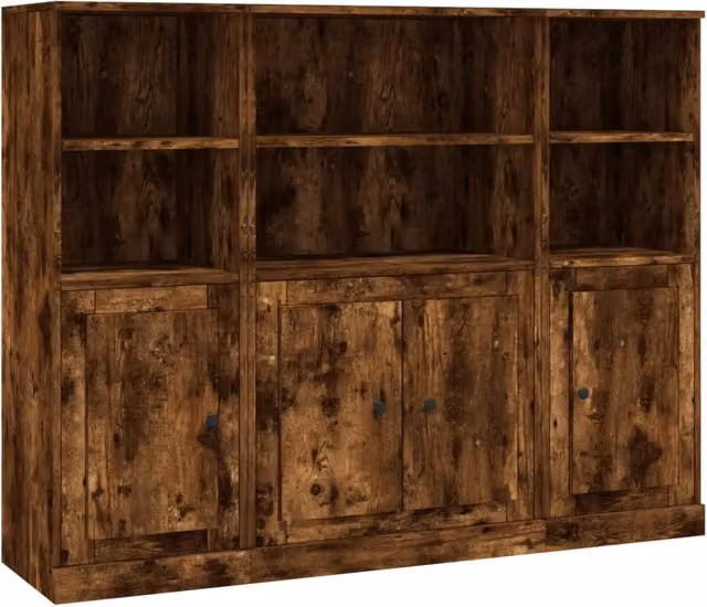 Set di 3 mobili contenitori buffet credenza e cassettiera in legno MDF marrone per cucina e soggiorno