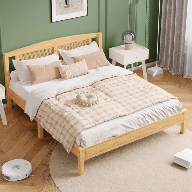 Letto matrimoniale in pino e rattan 160 × 200 cm, 2 posti, 15 doghe e piedini centrali, senza materasso, naturale