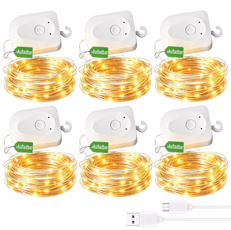 Catena luminosa a LED, set da 6, lunghezza 3 metri, 30 LED, con timer, 8 modalità, luce bianco caldo