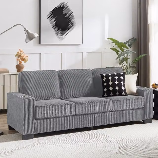 Divano a 3 posti in velluto a coste con portabicchieri e comfort ergonomico per soggiorno grigio 206 cm