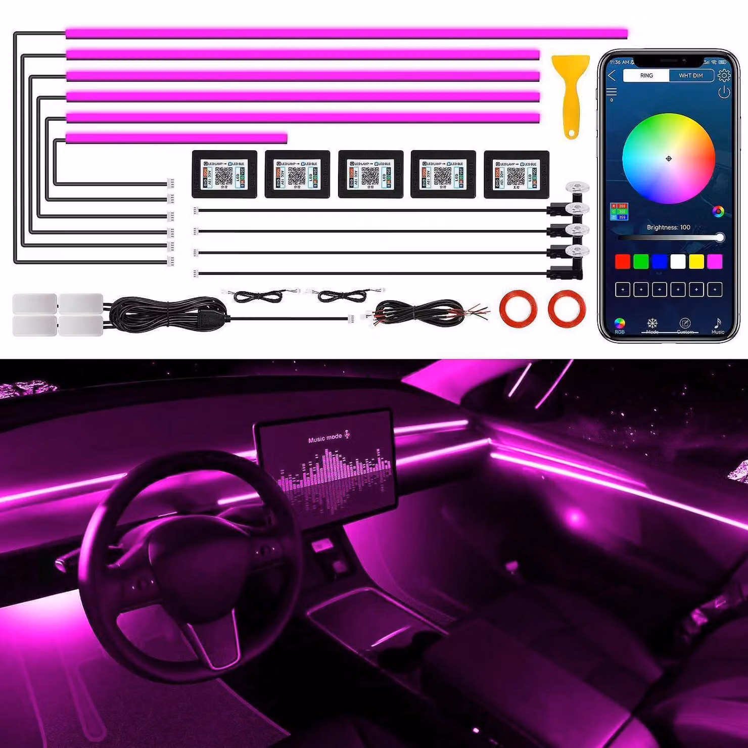 Illuminazione interna per auto a LED, acrilico, 14 funzioni in 1, sincronizzazione con la musica, controllo tramite app, 593 LED, lunghezza 445 cm