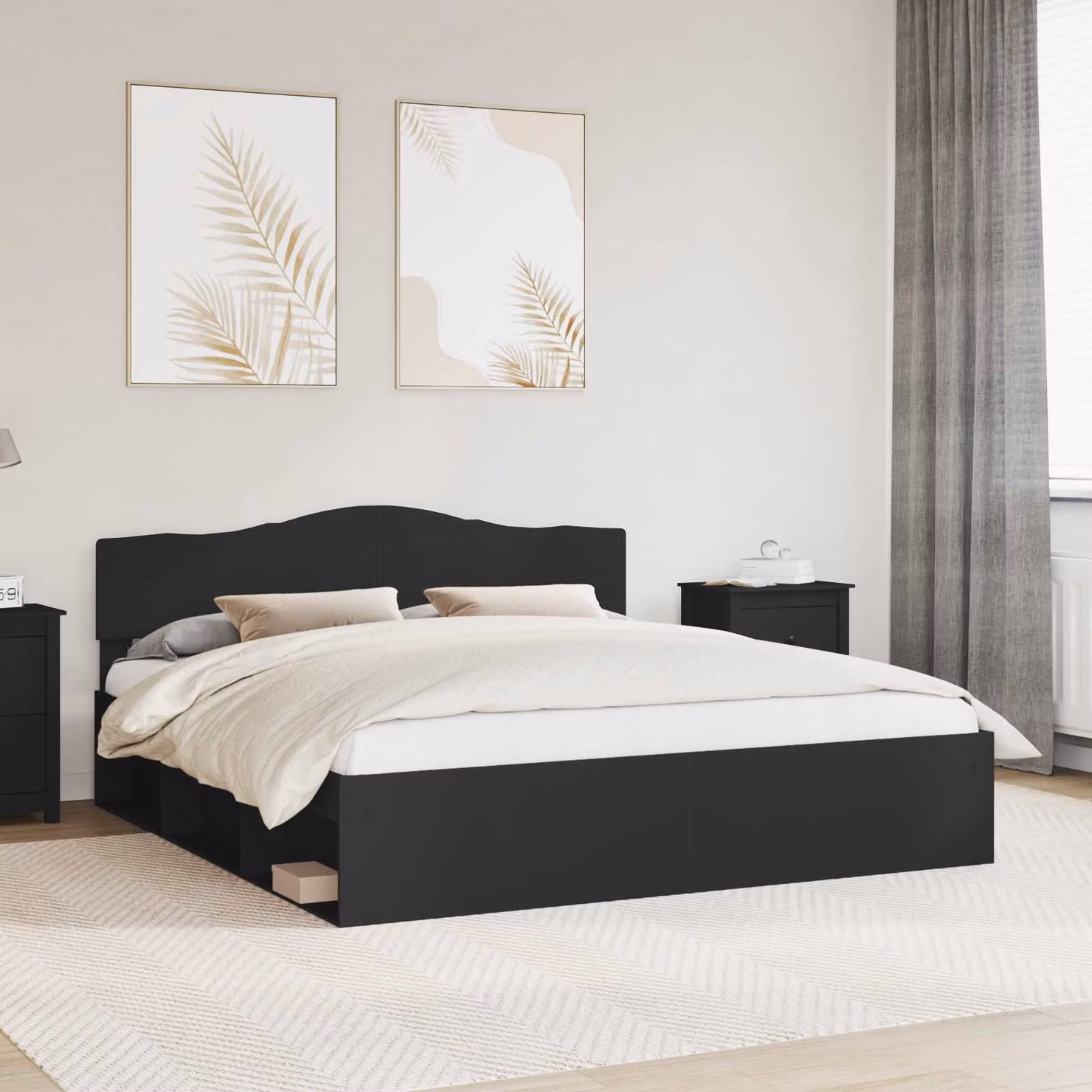Struttura del letto moderna vidaXL in pino massello e MDF, colore nero, L/P/H: 180 x 200 x 90 cm