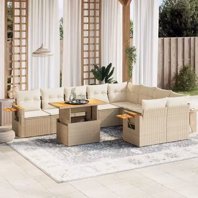 Set Divano da Giardino a L VIDAXL in Polyrattan con 10 Cuscini Beige