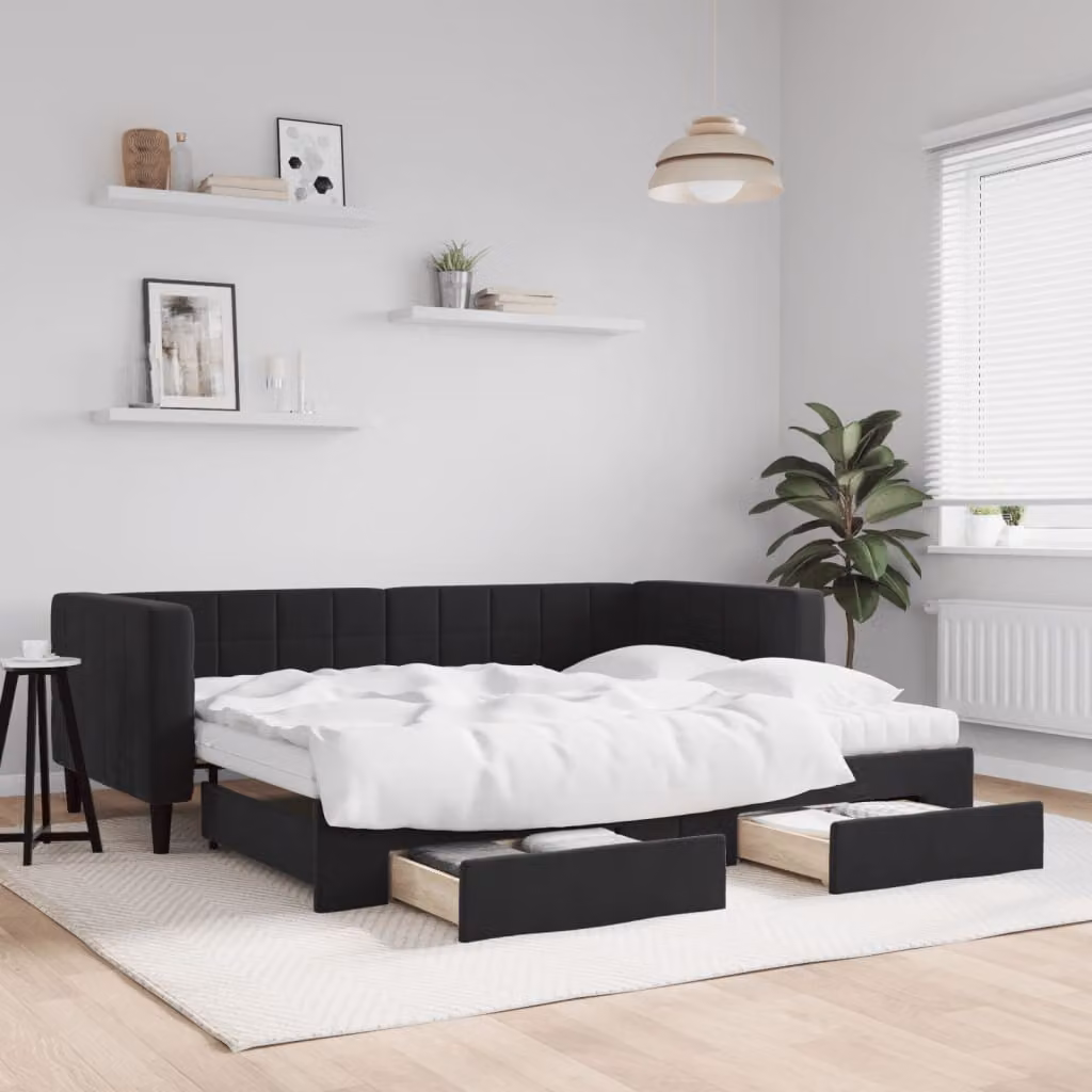 vidaXL Divano Letto Estraibile in Velluto Nero con Cassetti L/P/H: 90 x 190 cm