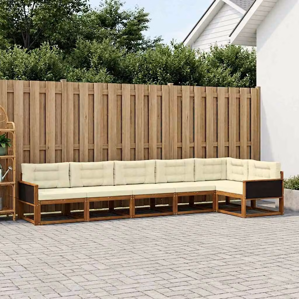 Set di divani da esterno vidaXL a forma di L in legno di acacia con cuscini, 6 pezzi, Beige, Bianco e Marrone