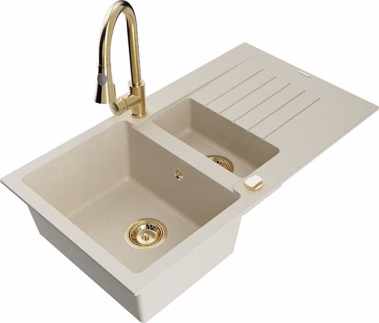 Mexen Matias lavello in granito 1,5 vasche con scolapiatti e rubinetto da cucina Elia, beige - 6502-69-670101-50