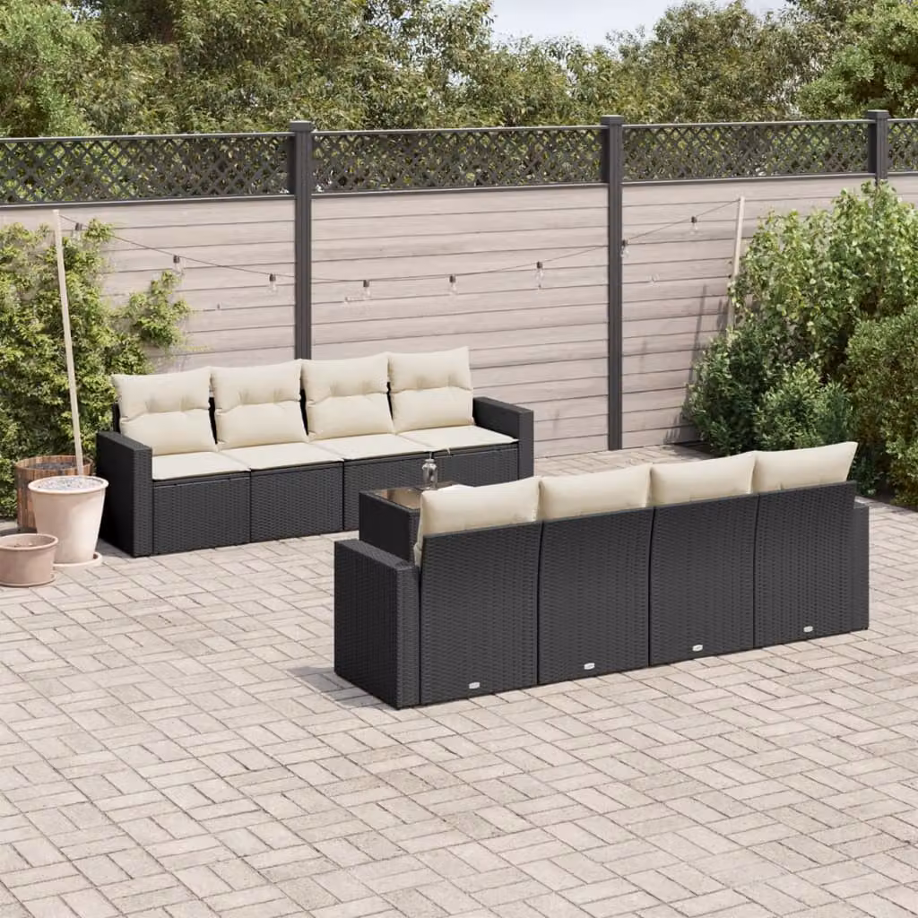Set Divani da Giardino vidaXL 9 pz in Polyrattan Nero con Cuscini e Tavolino da Esterno – 1