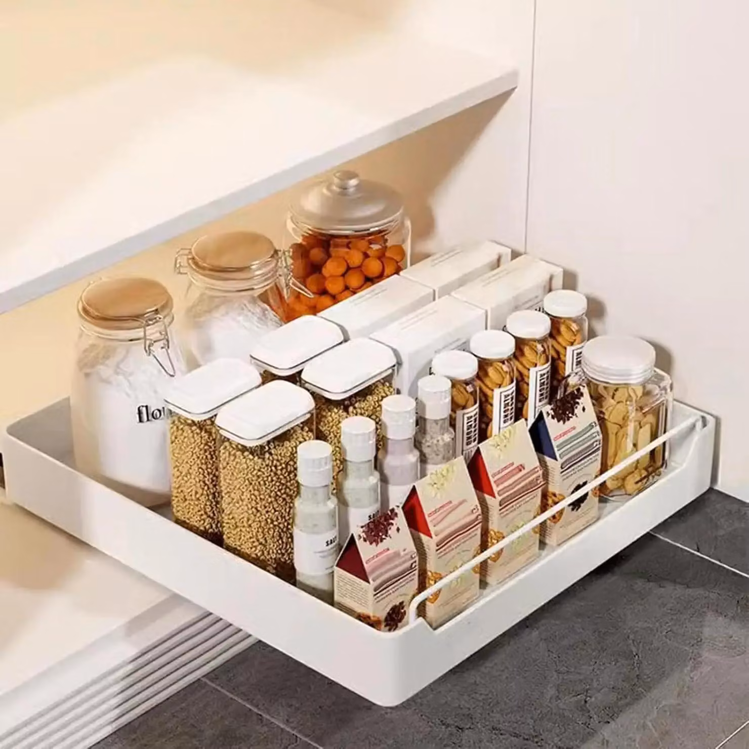 Organizzatore per armadietti da cucina - Ripiano estraibile da 40 cm - Montaggio con adesivo - Portata elevata - Regolabile - Acciaio inossidabile - Bianco