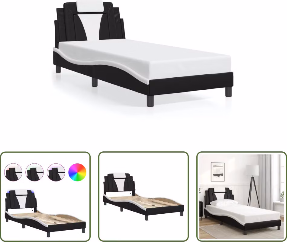 The Living Store Struttura letto con LED bianco e nero 80x200 cm in ecopelle