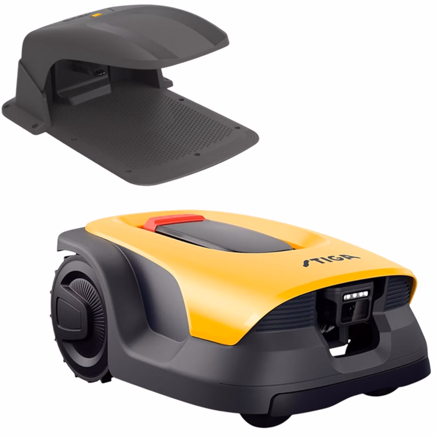 Robot tosaerba STIGA A 6V fino a 600 m², senza fili, con telecamera AI e controllo tramite app, garage incluso