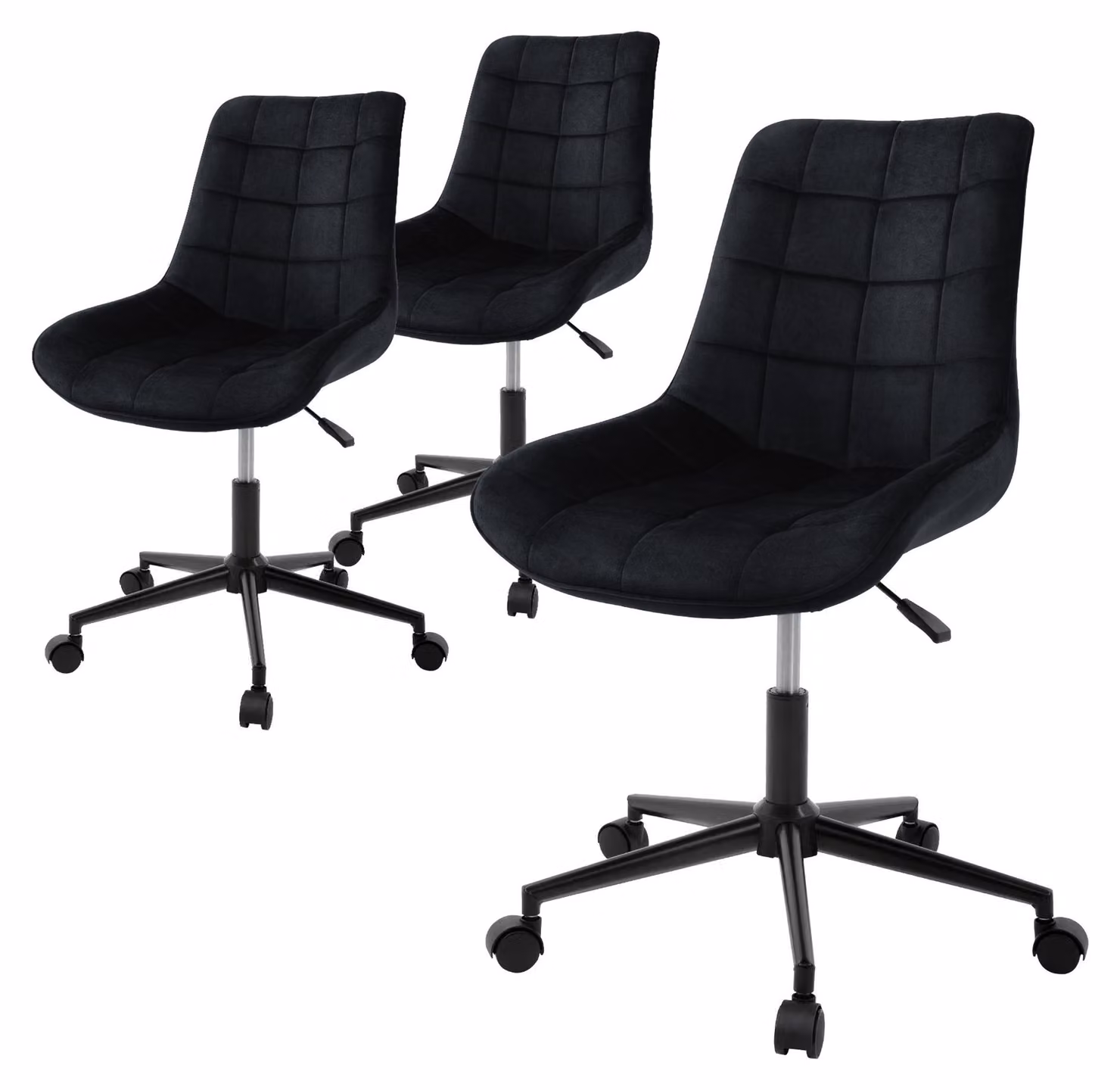 ML-Design, sedia da ufficio con schienale, 3 pezzi, nera, seduta in velluto con struttura in metallo